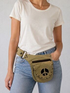Boho Suede Leather Hip Bag Belt Bag | Studded Peace Sign